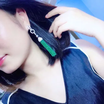 

Qi Xuan_Green Chalcedony Tassel Earrings S925 Silver Plated White Gold Hand Inlaid Exquisite Atmosphere Ear Studs Promotional
