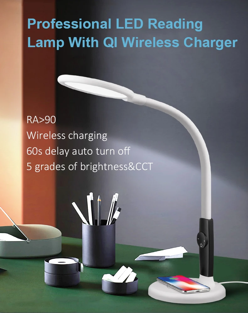 Modern Decrease blue light RA92 Eye Caring CCT Brightness Dimmable Swing Arm Desk Lamp LED Table Lamp With Wireless Charger