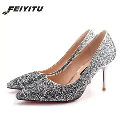 Feiyitu 2018 женские туфли на высоком каблуке-шпильке блестящие свадебные туфли-лодочки серебристого цвета золотой розовый серебряный Дамская