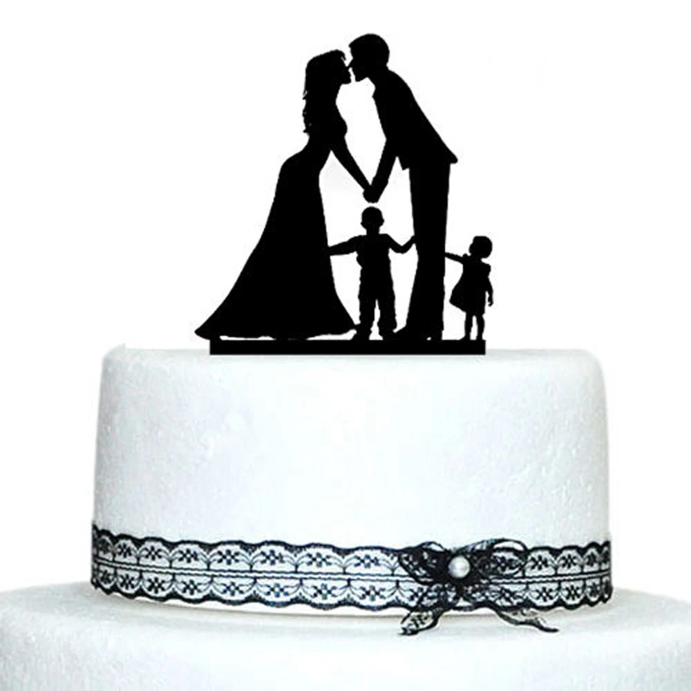 Groom Kiss Bride with Baby Children Design Rustic Cake Topper Gift Idea Custom Wedding Decoration Cake Toppers Family Members