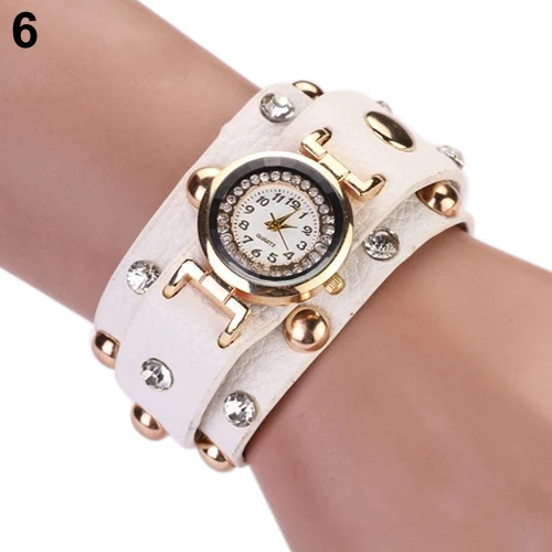 

Popular New Design Punk Unique Crystal Wrap Faux Leather Studs Bracelet Watch NO181 5V2U