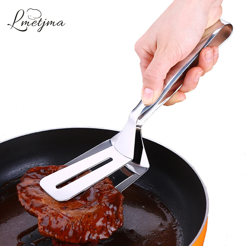 LMETJMA High Quality Stainless Steel Barbecue Tongs Kitchen Tongs Steak Bread Tongs Clip Fired Cooking Tools
