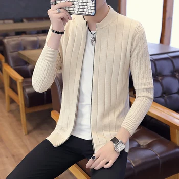 

2020 autumn youth collar zipper men's knit cardigan stand collar zipper youth solid color striped sweater
