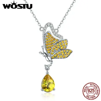 

WOSTU Romantic New 925 Sterling Silver Dancing Butterfly Yellow CZ Pendant Necklace For Women 925 Jewelry Fashion Gift CQN241