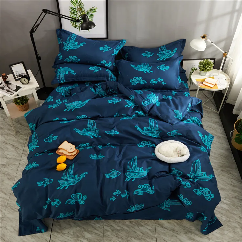 

Modern Blue Print Polyester Fiber Soft Bedding Set For Adults 4Pcs QueenSize Duvet Cover Set Bed Sheet Set Pillowcases