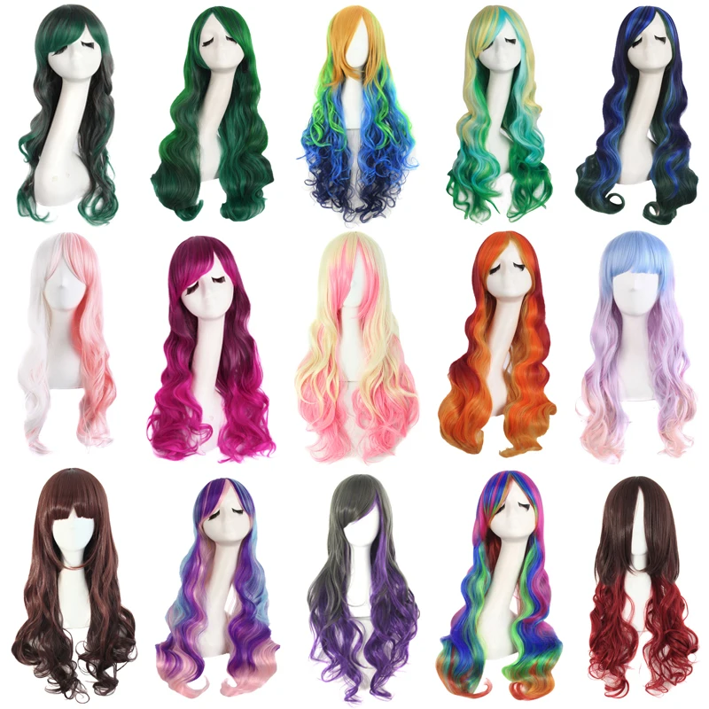 

MapofBeauty 28" Long Women Ombre Pink Blue Wigs Rainbow Color Synthetic Hair Cosplay Wig Heat Resistant Fake Hairpieces Pelucas