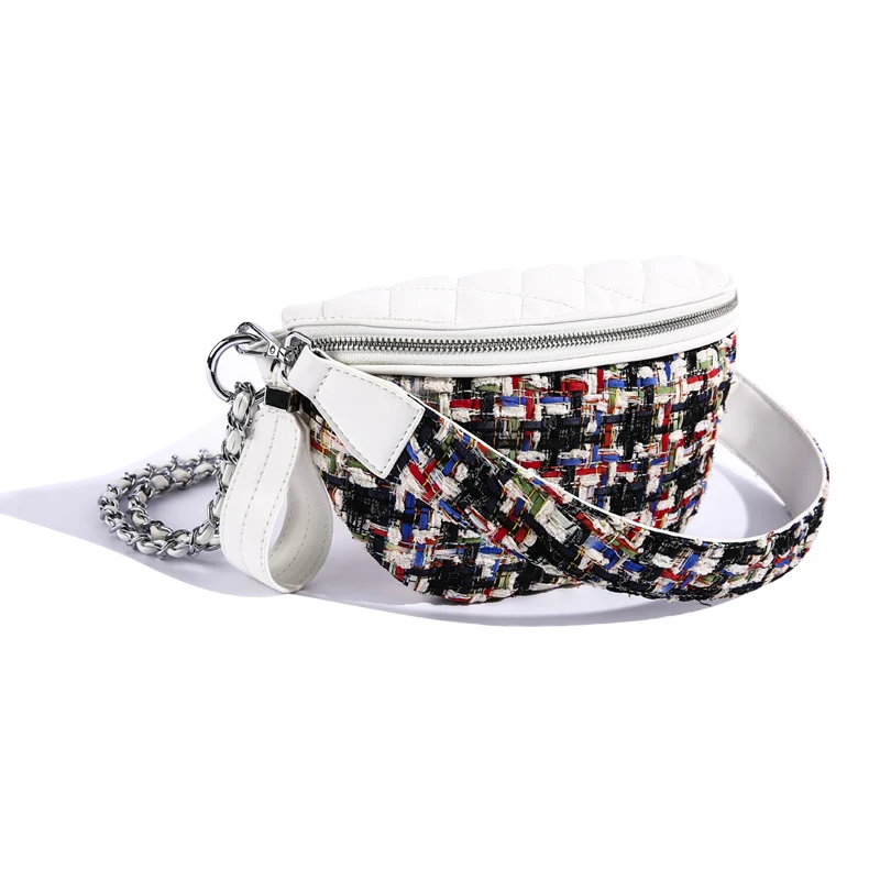 

new high quality Waist bag women Fanny Packs tweed chains belt bag brand Waist Pocket knitted handbag lady check plaid bags