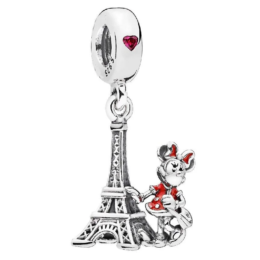 

925 Sterling Silver Bead Charm Enamel Minnie Mouse Eiffel Tower Pendant Beads Fit Pandora Bracelet & Necklace Diy Jewelry