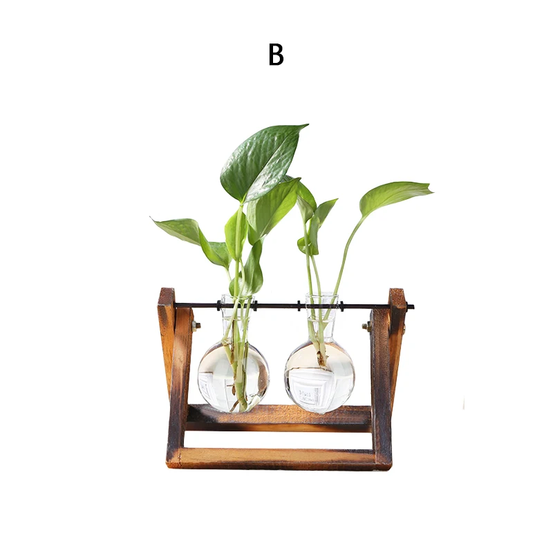 Новинка, стеклянная и деревянная ваза для растений, настольный стол для террариума, гидропоника, бонсай, цветочный горшок, подвесные горшки с деревянным поддоном - Цвет: B