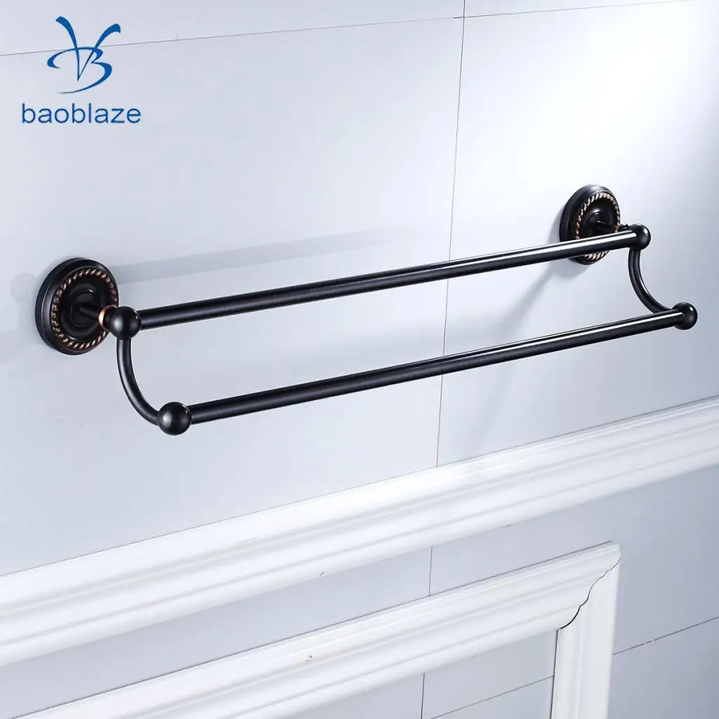 Baoblaze Large Towel Holder Rack, Bath Hanger Hook Wall Mounted Bathroom Black Brass - 1 Line, 2 Line, Round Ring Types Select