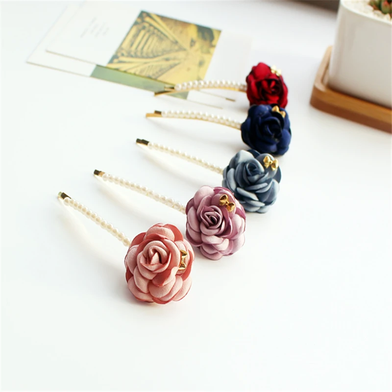 

Women Hairpin Flower Hairgrip Pearl hairpin Bow Barrette Alloy Solid Wine Red Hair Clip Elegant Wedding Jewelry Hair Accessories