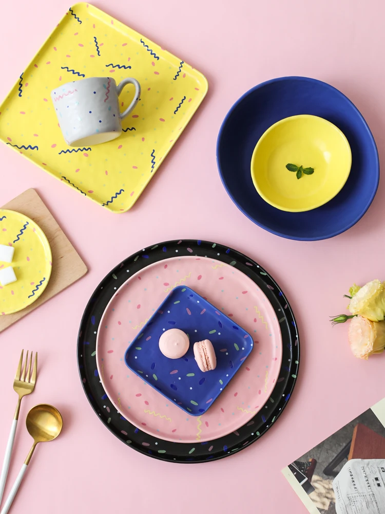 

EECAMAIL Japanese Candy color Matte Ceramic Tableware Plate Home Dish Western Dish Steak Plate Cup Bowl Fruit Plate Dessert D