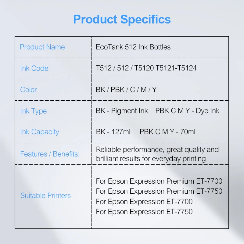 EcoTank 512 T512 чернила в бутылках T5120 T5121 T5124 для заправки красителя Epson экспресс печати