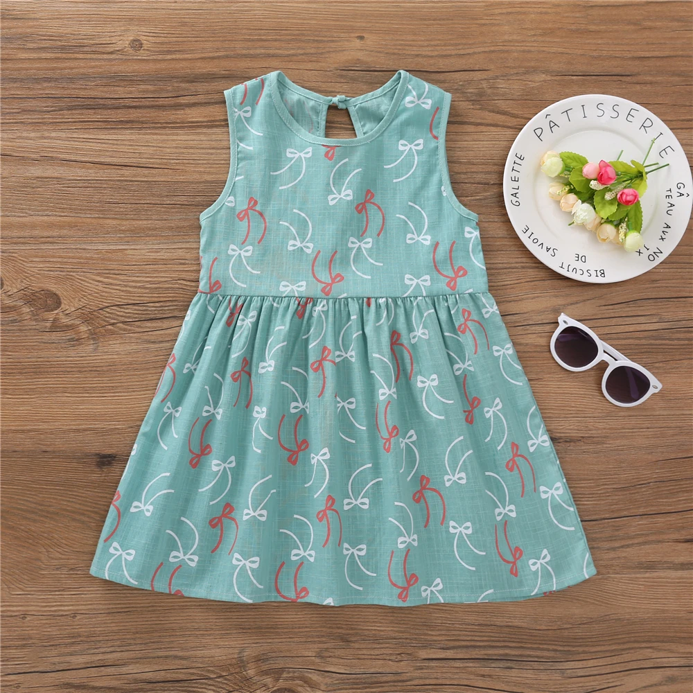 

Summer Girls Dress Red Bow Print Sleeveless Round Neck Strapless Loose Casual Play Cute Princess Dresses Todler Girl Clothing