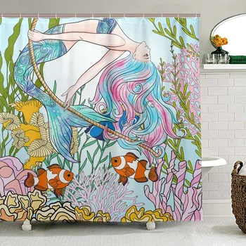 

Cartoon Mermaid in Sea Sirens of Greek Myth Female Human with Tail of Fish Image Bathroom Curtain Fabric Shower Curtain for Bath