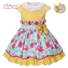 Pettigirl De Pâques Jaune Fleur Filles Robes D’été Enfants Robe Avec Chapeaux Dentelle Col Costume Pour Enfants Boutique Vêtements