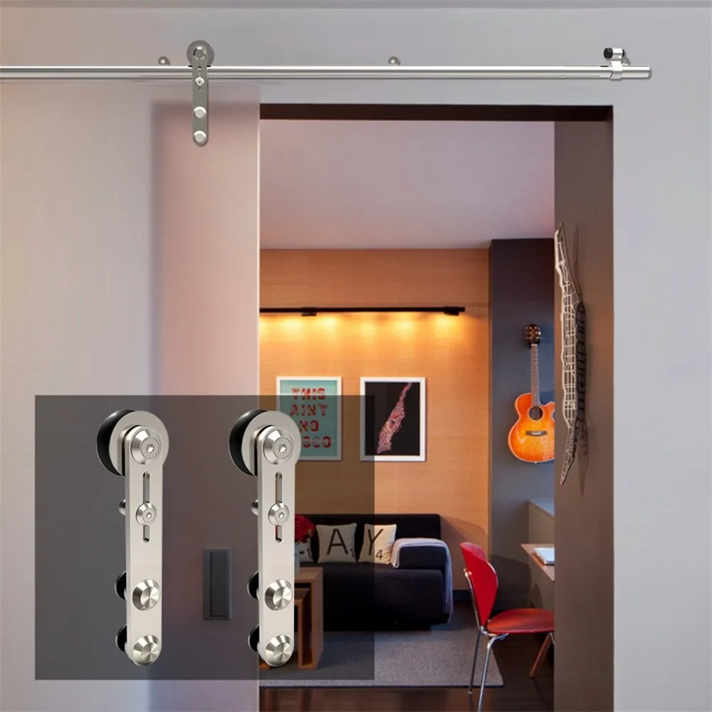 LWZH 4-9.6FT Round -Shaped Silver Stainless Steel Puerta Corredera Wooden and Glass Sliding Door Hardware Kit for Single Door