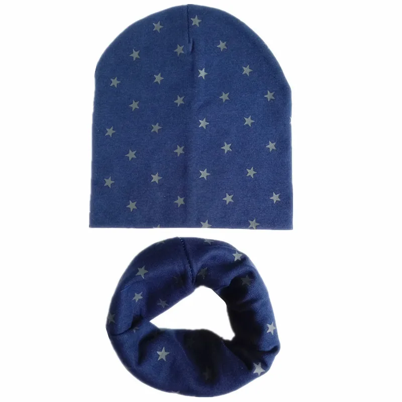 Новые зимние уличные теплые шапки для мальчиков и девочек, хлопковые детские Комплекты шарфов, весенне-осенние хлопковые детские шляпы, детские шапки с воротником - Цвет: navy small star