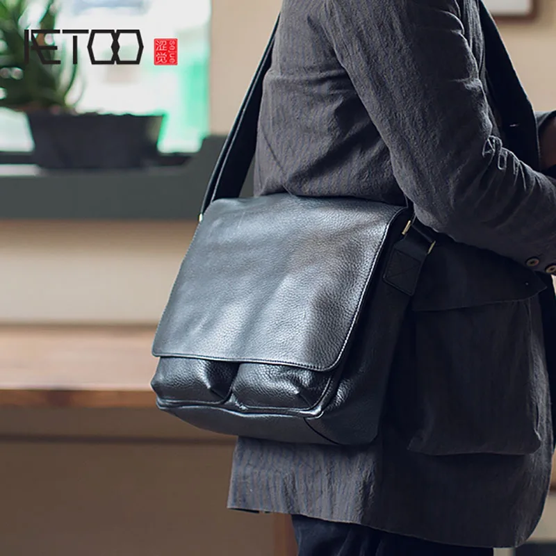 AETOO мужская сумка через плечо из воловьей кожи кожаная горизонтальная большая