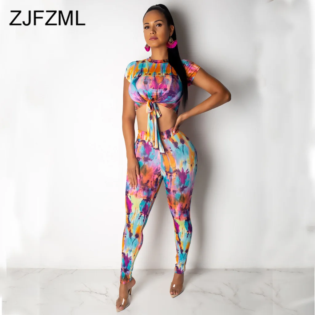 

Colorful Tie Dye Sexy 2 Piece Sweat Suits Women O Neck Short Sleeve Crop Top And Pencil Pants Club Outfits Summer Matching Sets