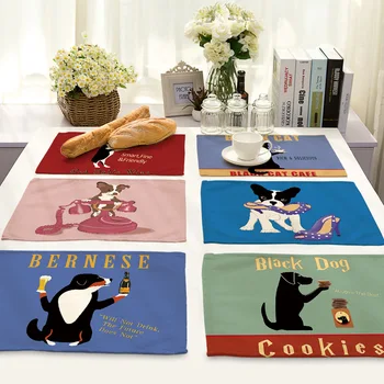 

Cartoon Dog Pattern Placemat for Dining Table Cotton Linen Table Mat Kitchen Decoration Accessories Drink Coasters Placemat Bowl
