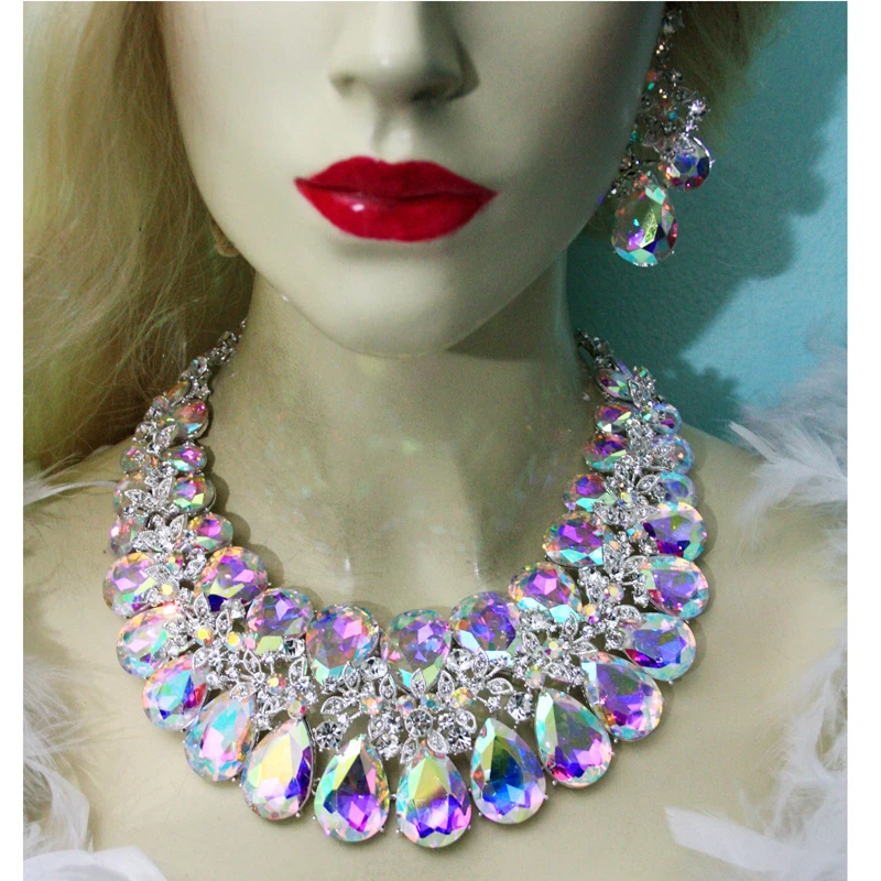 Unique High quality AB crystal Statement jewelry sets For bride wedding necklace earrings women