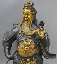 free shipping S1248 chinese bronze Gilt Stand dragon guangong guanyu Generals Hold Broadsword statue