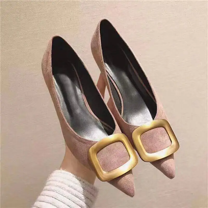 New Fashion Women High Quality Sheepskin Kid Suede Leather Office Lady Pump Med Heels Shollow Elegant Pointed Toe Dress Shoes