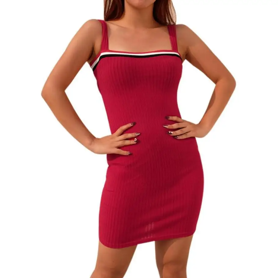 

Sexy Womens Bodycon Dress Lady Stitching Stripe Summer Knitted Dresses Casual Solid Sleeveless Spaghetti Strap Mini Dress #VE