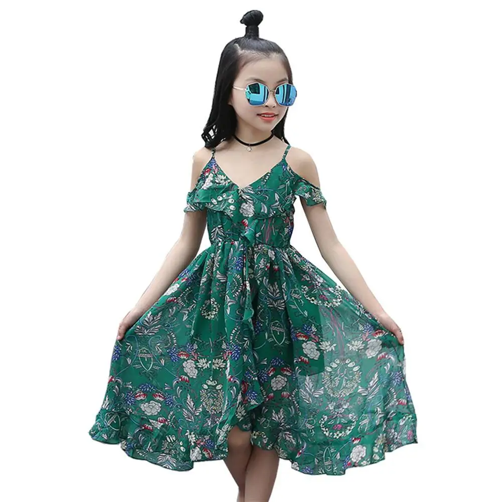 Асимметричное модное платье для девочек; Новинка г.; детское платье принцессы без рукавов; летняя шифоновая детская одежда с цветочным принтом; пляжная праздничная одежда