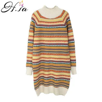 

H.SA Women Winter Sweaters Dress 2018 Fall Fashion Rainbow Striped Loose Long Sweaters and Pullovers Oneck Knee Length Pullovers