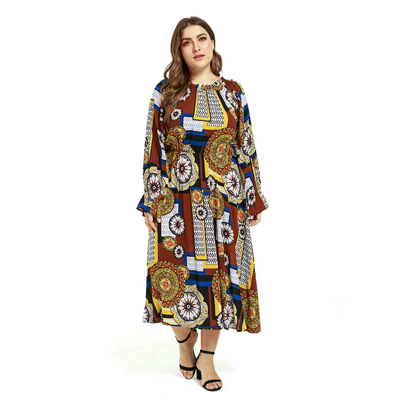 

Bohemian Plus Size Dress Women Ruffles Sleeve Elegant Dress Geometric Print Loose Maxi Dress Vestidos Mujer Summer Clothes 2019
