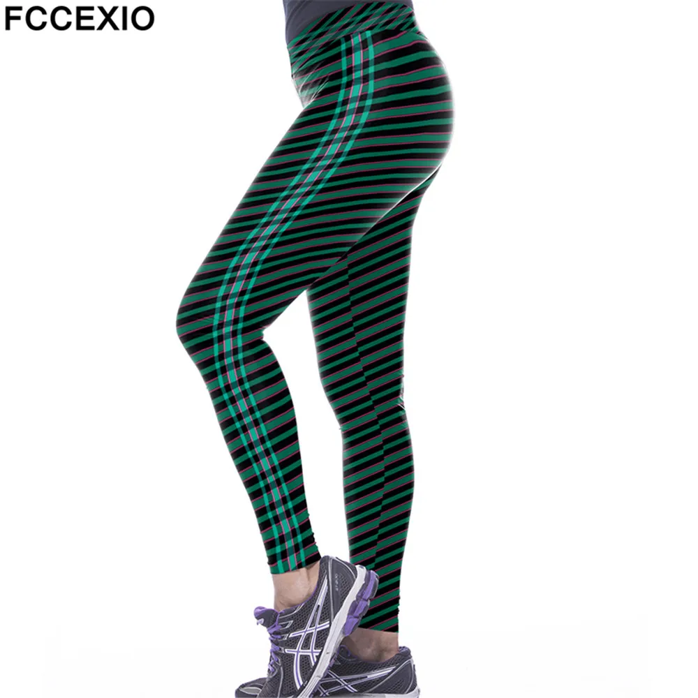 

FCCEXIO Brand New Arrival Women Fitness Leggings Sporting Pants Green Line 3D Printed Mujer Compression Workout Leggins Trousers