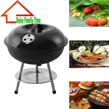 

14'' Round Easy Assembled BBQ Grill Easy to Carry Steel Churrasco Grill Black Covered Practical Barbecue Grill for Outdoor