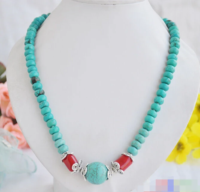 

1144 round turquoise bead red coral necklace