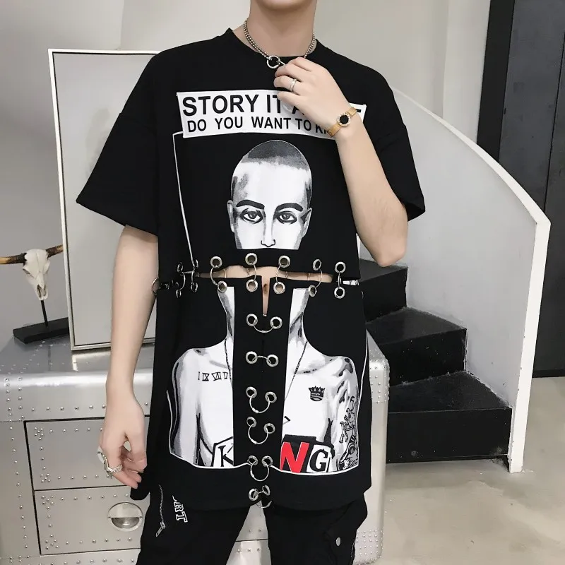 black Новая мужская одежда мода рок свободная футболка Летняя Корейская хип хоп короткий рукав топы o-образным вырезом Мужская Лоскутная уличная одежда - Цвет: black