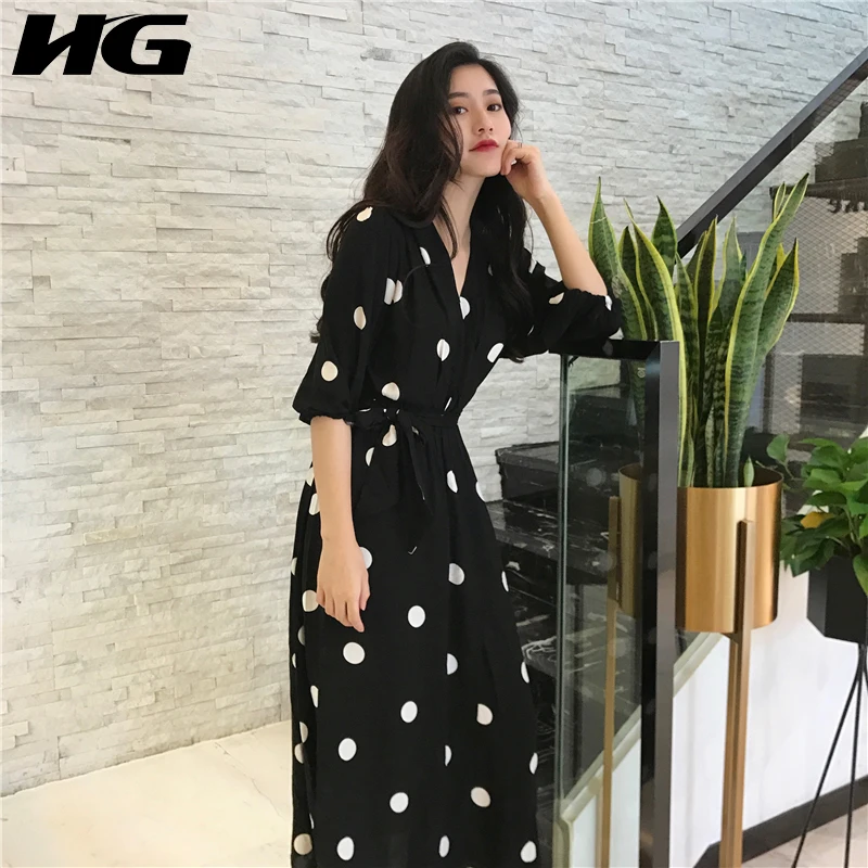 

[HG] Korea 2018 New Autumn Fashion Women Dot Pattern V-Neck Bandage Dress Female Half Sleeve Ankle-Length Loose Dress LJT3402