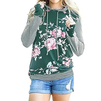 

Floral Printed Hoodies Women Autumn Striped Sweatshirts Long Sleeve Pullover Causal Tops Winter WS2817X