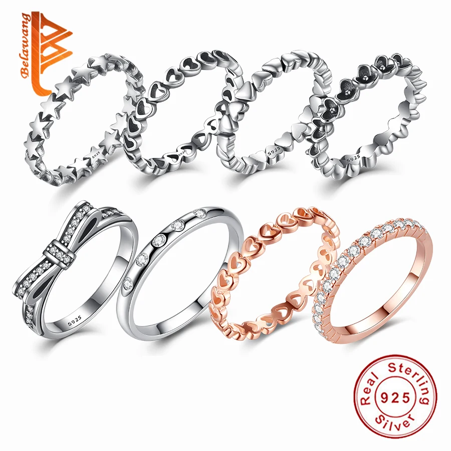 

BELAWANG Hot Sale 925 Sterling Silver 8 Styles Stackable Party Finger Ring For Women Original Fine Jewelry Gift