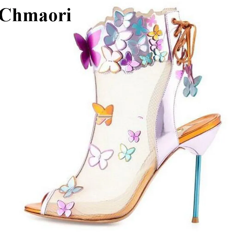 

Ladies Cute Butterfly Design Open Toe Mesh Lace-up Ankle High Heel Boots Mixed Colors Cut-out Stiletto Heel Sandal Boots
