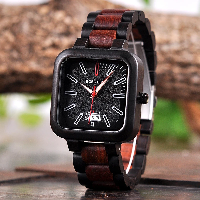 BOBO BIRD Men Simple Watch Handmade Wooden Classic Black and Red Quartz Watches with Date Display horloges mannen