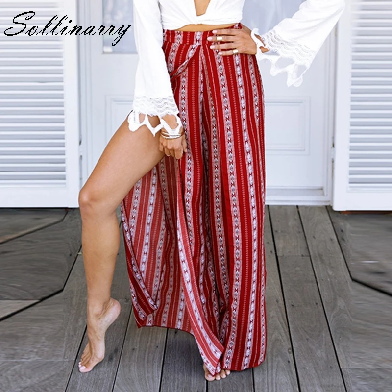 Sollinarry Bohemian Striped Women Wide Leg Pants Casual High Waist Beach Boho Female Trousers 2019 Summer Sexy Split Long Pants Sollinarry Bohemian Striped Women Wide Leg Pants Casual High Waist Beach Boho Female Trousers 2019 Summer Sexy Split Long Pants