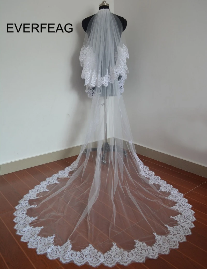 

2019 Long Bridal Veil Two Layer Lace Edge Sequins White Ivory Cathedral Wedding Veil with Comb Wedding Accessories In Stock
