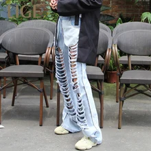 Высокая талия Макси брюки отверстие джинсы для женщин Женская, с перфорацией деним для Harajuku Летняя мода джинсы женщи