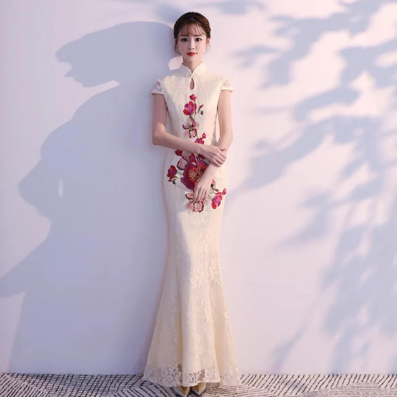 Новый Cheongsam Русалка свадебное платье в традиционном китайском стиле свадебное платье кружева Qipao летнее Для женщин пикантные цветы невесты