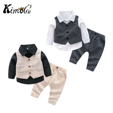 Kimocat/свадебные костюмы для маленьких мальчиков качественная рубашка+ жилет в полоску+ штаны, комплект из 3 предметов, детские костюмы для джентльменов весенне-осенняя официальная одежда для мальчиков