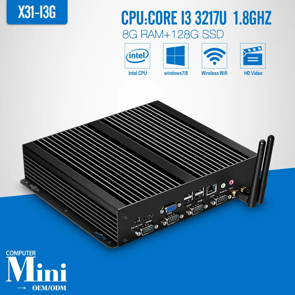 core i3 3217U 8GB RAM 128GB SSD+WIFI 8*USB 4*COM Fanless Mini PC Desktop Computers Wired Support Win 7 XP System