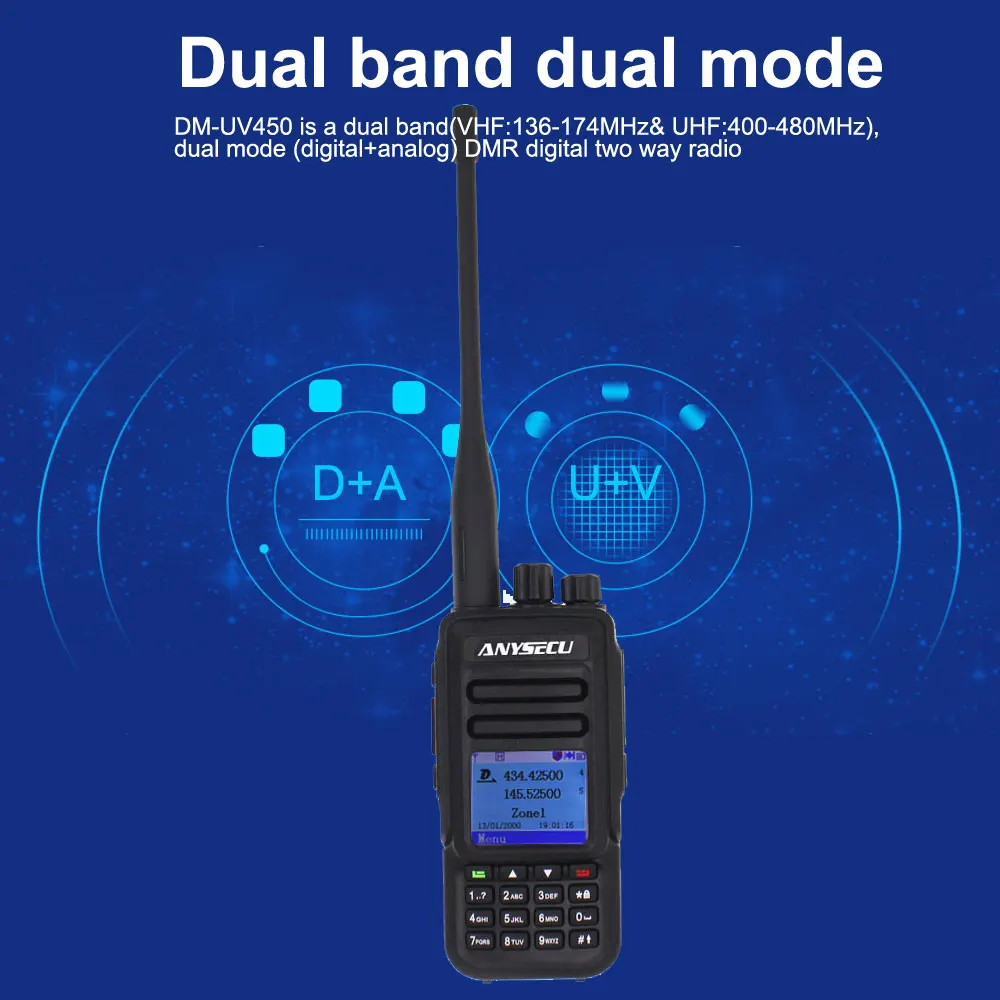 

Anysecu DM-UV450 Dual band Dual mode DMR digital Radio with 3000 Channels TDMA walkie talkie compatible with MOTOTRBO