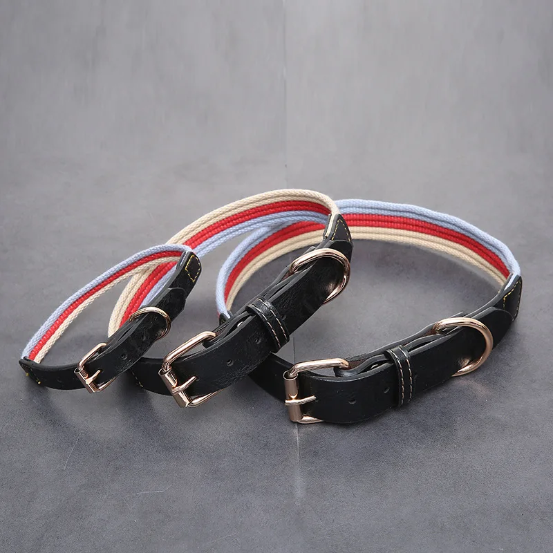 

High Quality PU Leather Strong Canvas Nylon Dog Collars Adjustable Buckle Pet Collar For Medium Large Dogs balck red color