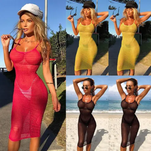 

Meihuida Sexy Mesh Women Cover-Ups Summer Fishnet Beach Dress Solid Swimwear Sleeveless Bathing Suit Ladies Hot Cover-Up 2019
